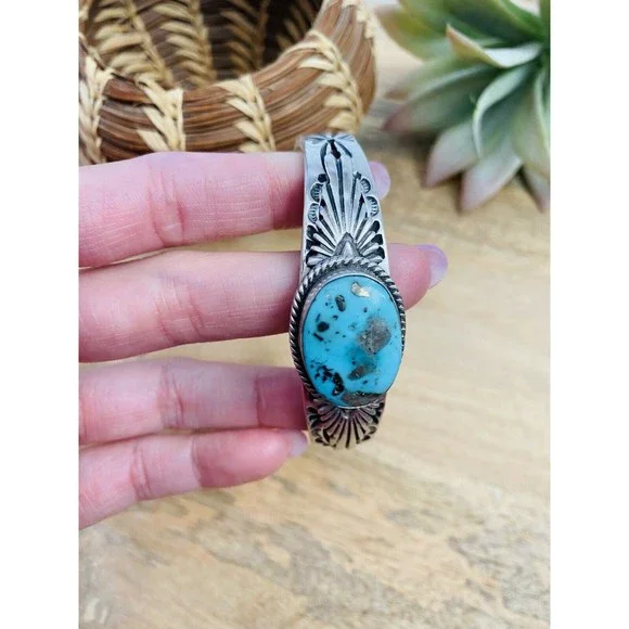 Navajo Sterling Silver & Royston Turquoise Cuff Bracelet Signed - Picture 5 of 8